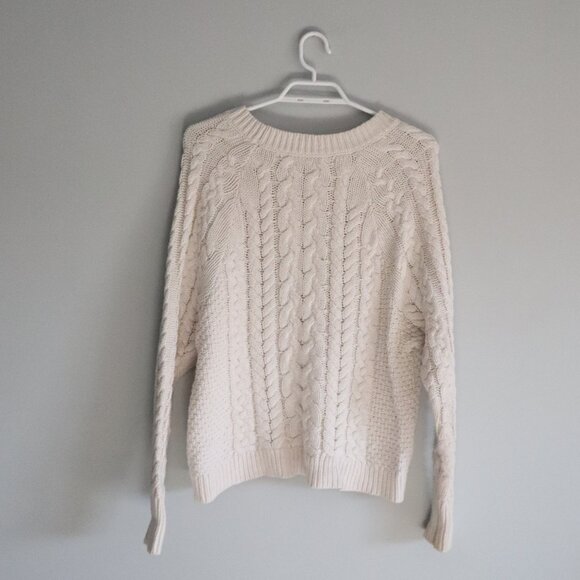 Aerie Womens White Sz S Cable Knit Crewneck Pullover Long Sleeve Ribbed Sweater - Picture 2 of 12